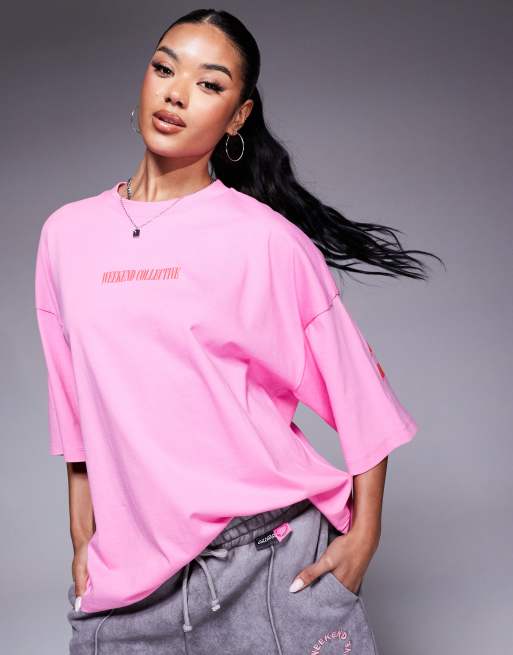 Weekend Collective Icon oversized T-shirt with stacked back logo in pink and red