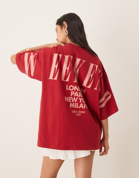 Weekend Collective Icon oversized t-shirt with stacked back logo in red and pink - view 1