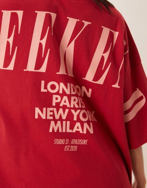 Weekend Collective Icon oversized t-shirt with stacked back logo in red and pink