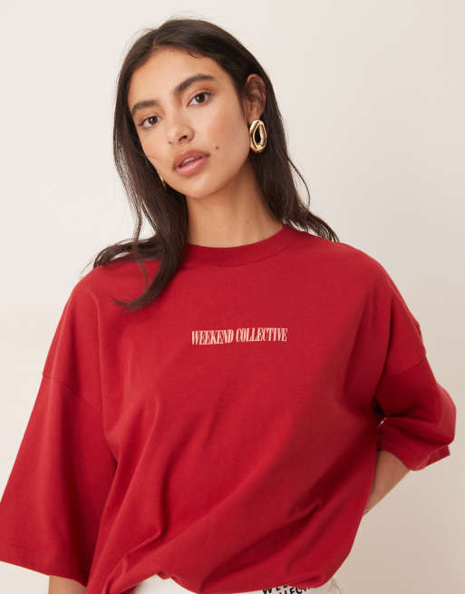 Weekend Collective Icon oversized t-shirt with stacked back logo in red and pink