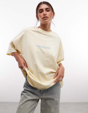 Weekend Collective Icon oversized t-shirt with stacked back logo in yellow with blue print