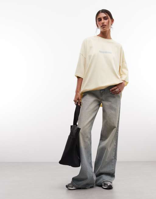 Weekend Collective Icon oversized t-shirt with stacked back logo in yellow with blue print, 4 of 4
