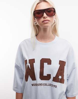 Asos Weekend Collective Weekend Collective Icon Oversized T-shirt With Varsity Graphic In Blue