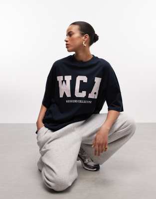 Asos Weekend Collective Weekend Collective Icon Oversized T-shirt With Varsity Graphic In Blue