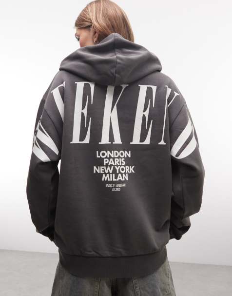 Weekend Collective Icon stacked back print hoodie in washed charcoal - view 1