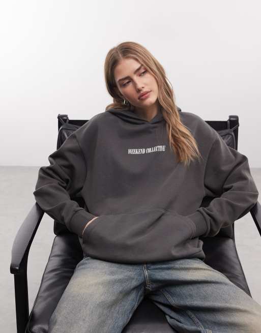 Weekend Collective Icon stacked back print hoodie in washed charcoal, 2 of 4