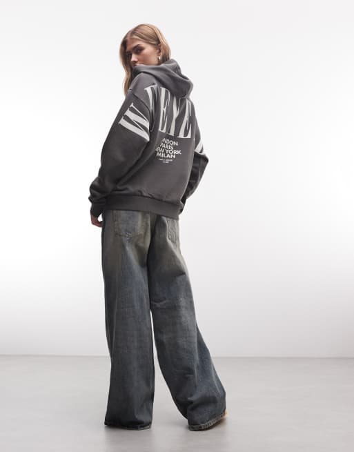 Weekend Collective Icon stacked back print hoodie in washed charcoal, 3 of 4