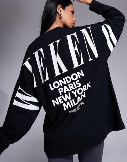 Weekend Collective – Icon – Svart, långärmad t-shirt i oversize med staplad logga, 4 av 4