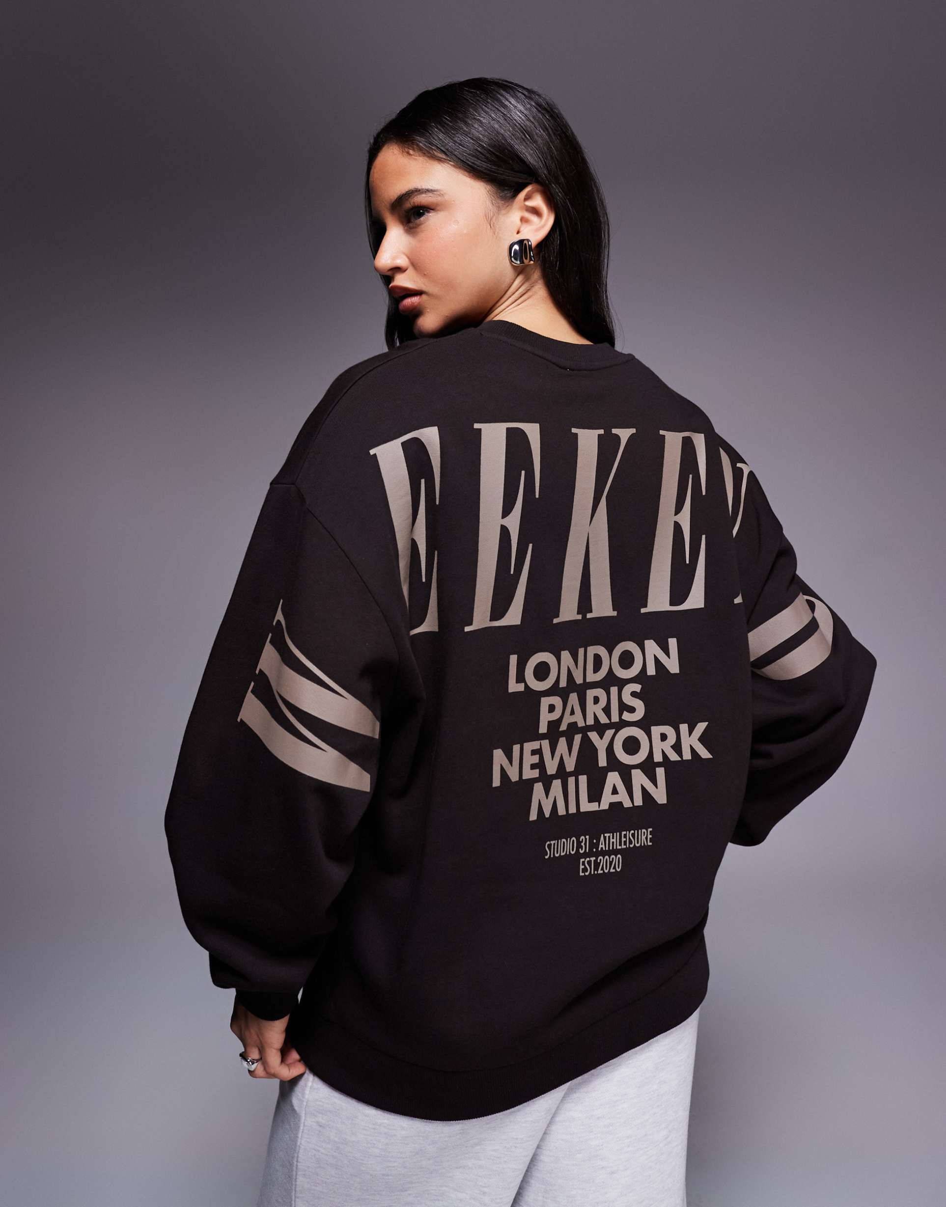 weekend collective icon sweatshirt with stacked back logo in tonal chocolate