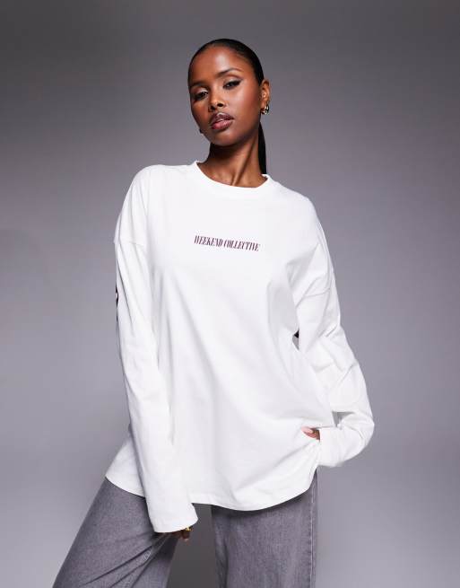Weekend Collective - Icon - T-shirt à manches longues avec logo superposé au dos - Prune et crème, 4 de 4
