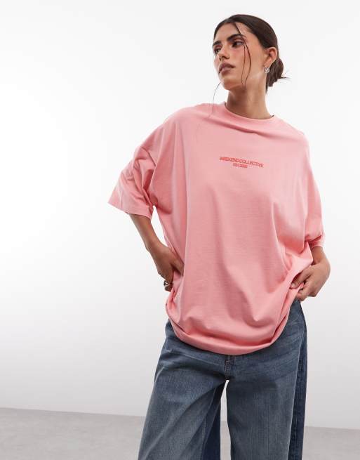 Weekend Collective - Icon - T-shirt oversize rosa con scritta rossa sul retro, 3 di 4