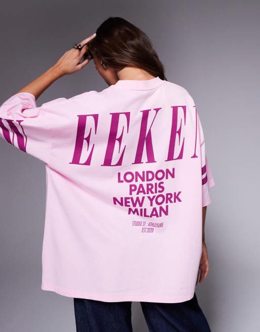 Weekend Collective – Icon – T-shirt oversize w kolorze jasnoróżowym i fioletowym z logo na plecach