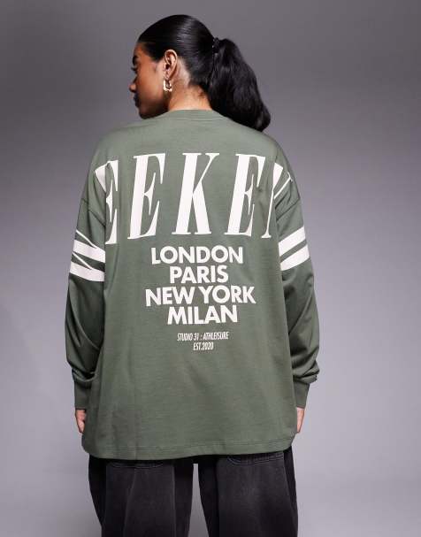 Weekend Collective – Icon – T-shirt oversize w kolorze khaki z długimi rękawami i logo na plecach - view 1