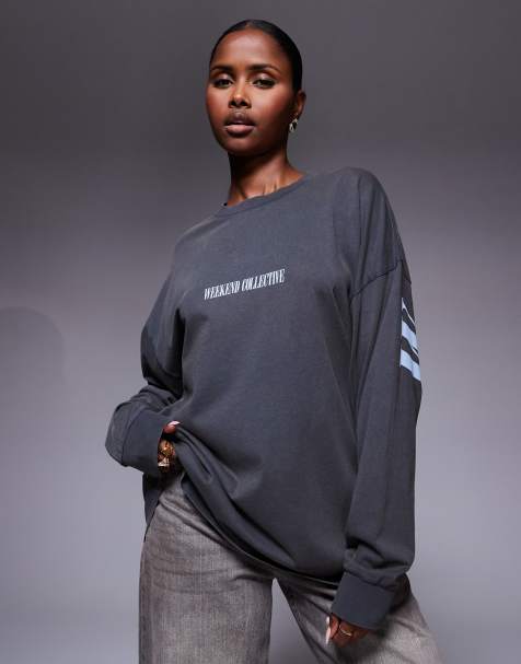 Weekend Collective – Icon – T-shirt oversize w spranym grafitowym kolorze z długim rękawem i nadrukiem z logo na plecach - view 1