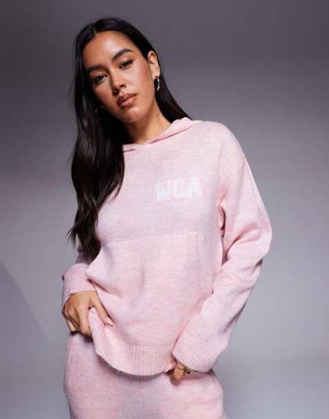 Weekend Collective knit hoodie with varsity graphic in pink - part of a set - view 1