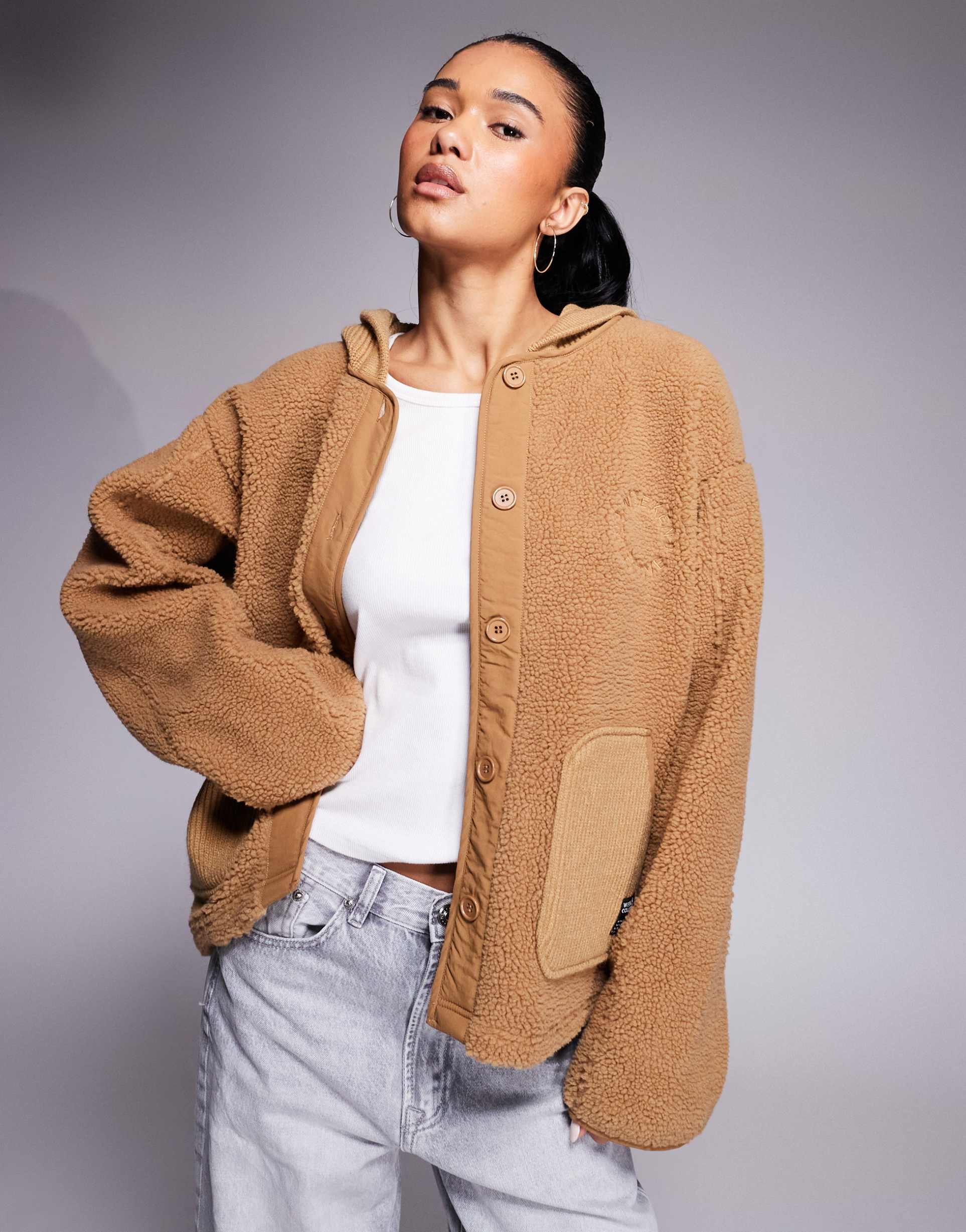 weekend collective knit ribbed mix borg hooded jacket in neutral