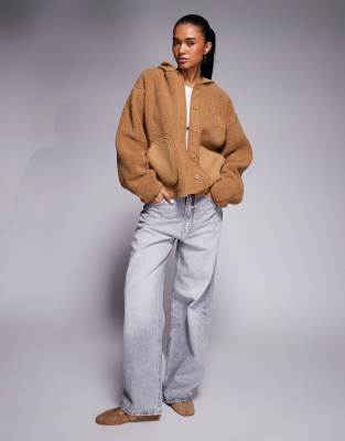 Asos Weekend Collective Weekend Collective Knit Ribbed Mix Borg Hooded Jacket In Brown
