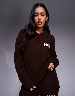 Asos Weekend Collective Weekend Collective Knit Rugby Sweatshirt With Varsity Graphic In Blue