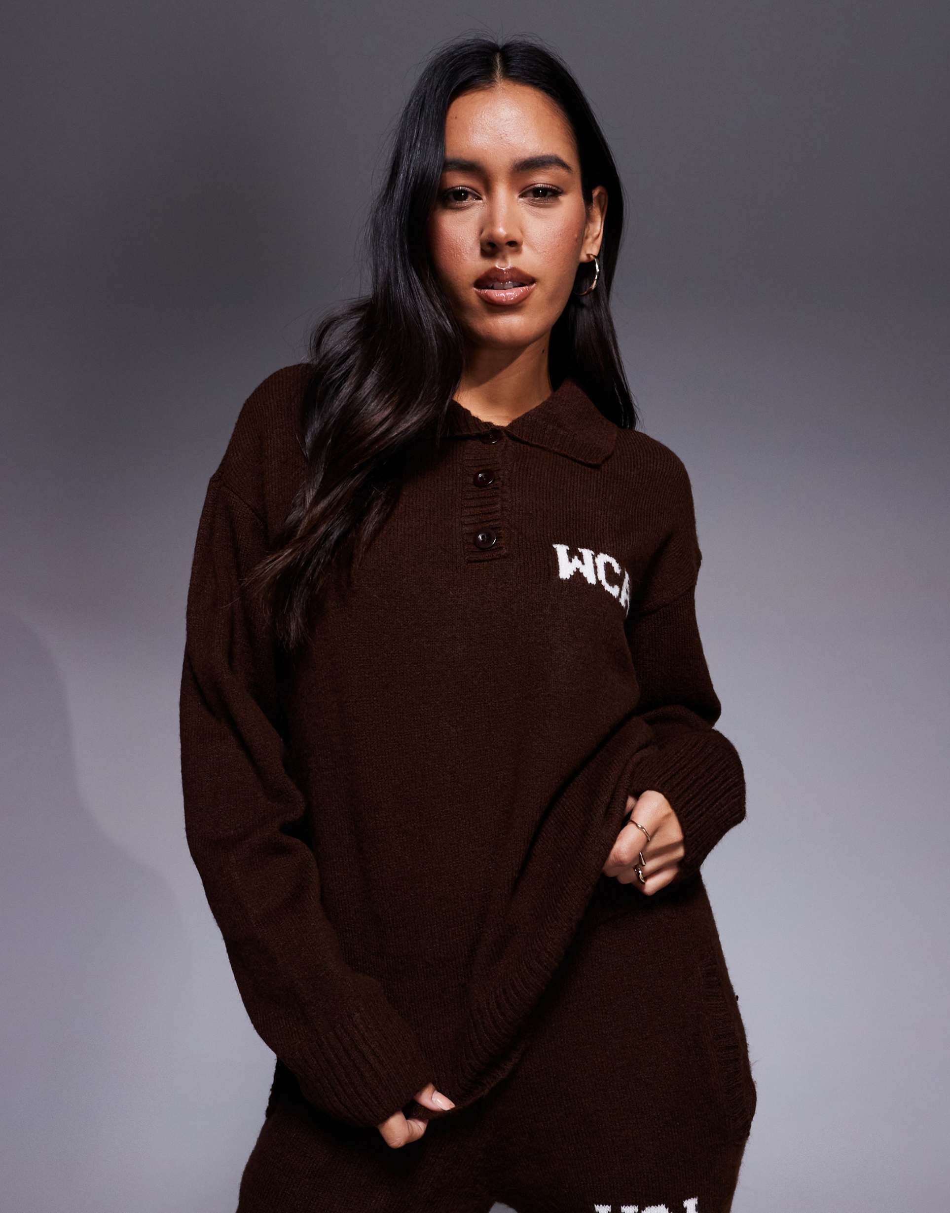 weekend collective knit rugby sweatshirt with varsity graphic in chocolate - part of a set