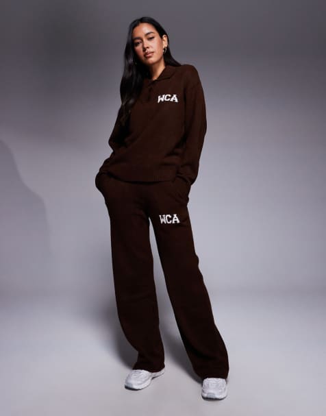 Weekend Collective knit set with varsity graphic in chocolate - view 1