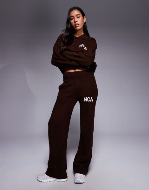 Weekend Collective knit wide leg sweatpants with varsity graphic in chocolate - part of a set - view 1