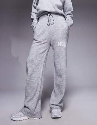 Asos Weekend Collective Weekend Collective Knit Wide Leg Sweatpants With Varsity Graphic In Gray