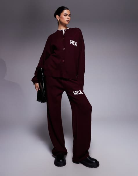 Weekend Collective knitted wide leg trackies with varsity graphic in burgundy (part of a set) - view 1