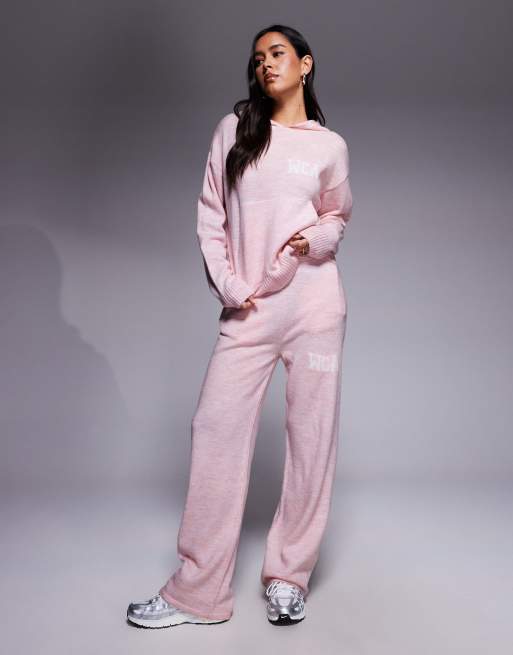 Weekend Collective knitted wide leg trackies with varsity graphic in pink (part of a set)