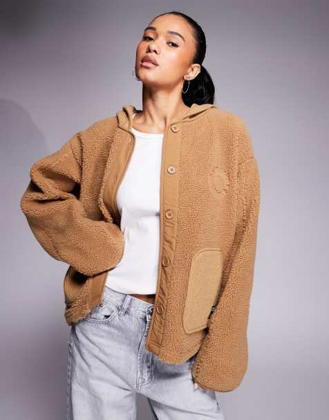 Weekend Collective knit rib mix borg hooded jacket in neutral