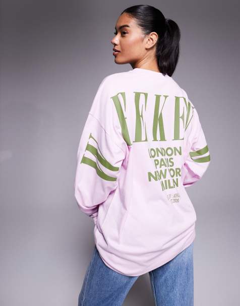 Weekend Collective – Langärmliges Oversize-T-Shirt in Rosa mit Stapel-Logo am Rücken - view 1