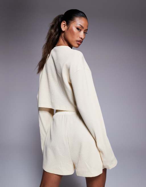 Weekend Collective – Ljusbeige, våfflad topp i nylon med knappar, del av set, 4 av 4