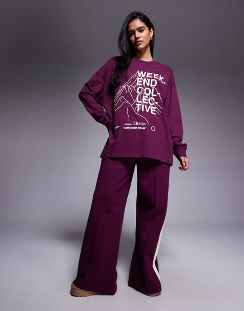 Weekend Collective long sleeve t-shirt with mountain ski graphic in plum - view 1