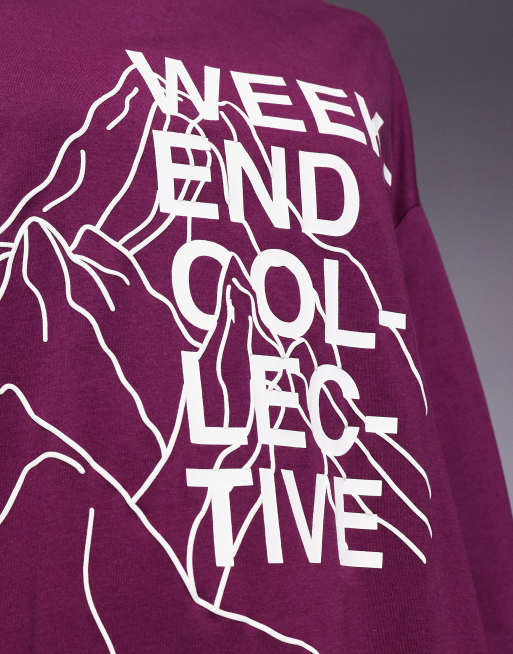 Weekend Collective long sleeve t-shirt with mountain ski graphic in plum, 3 of 4