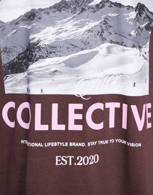 Weekend Collective long sleeve t-shirt with ski photographic in chocolate, 3 of 4