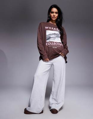 Asos Weekend Collective Weekend Collective Long Sleeve T-shirt With Ski Photographic Print In Brown