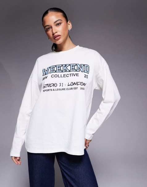 Weekend Collective long sleeve t-shirt with text graphics in cream - view 1