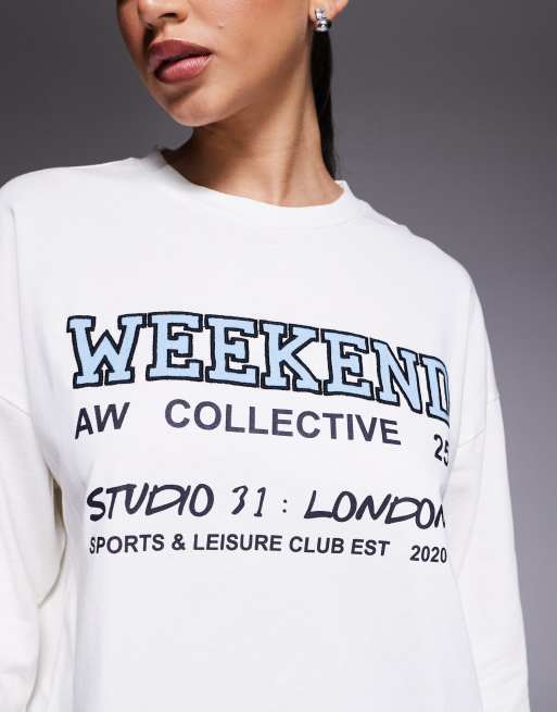 Weekend Collective long sleeve t-shirt with text graphics in cream