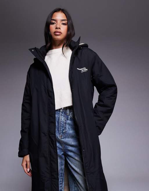 Weekend Collective longline coat with borg lining and graphic in black and cream, 3 of 4
