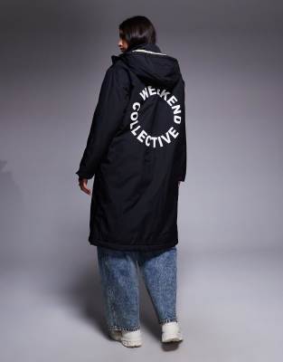 Asos Weekend Collective Weekend Collective Longline Coat With Teddy Lining And Graphics In Black