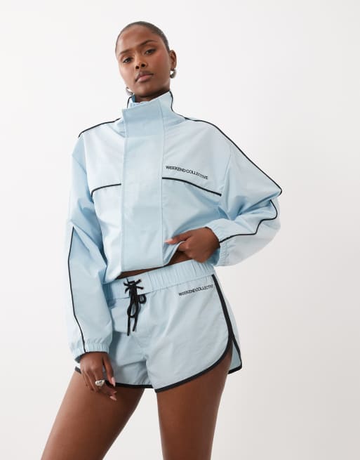 Weekend Collective track jacket and shorts set in baby blue, 2 of 3