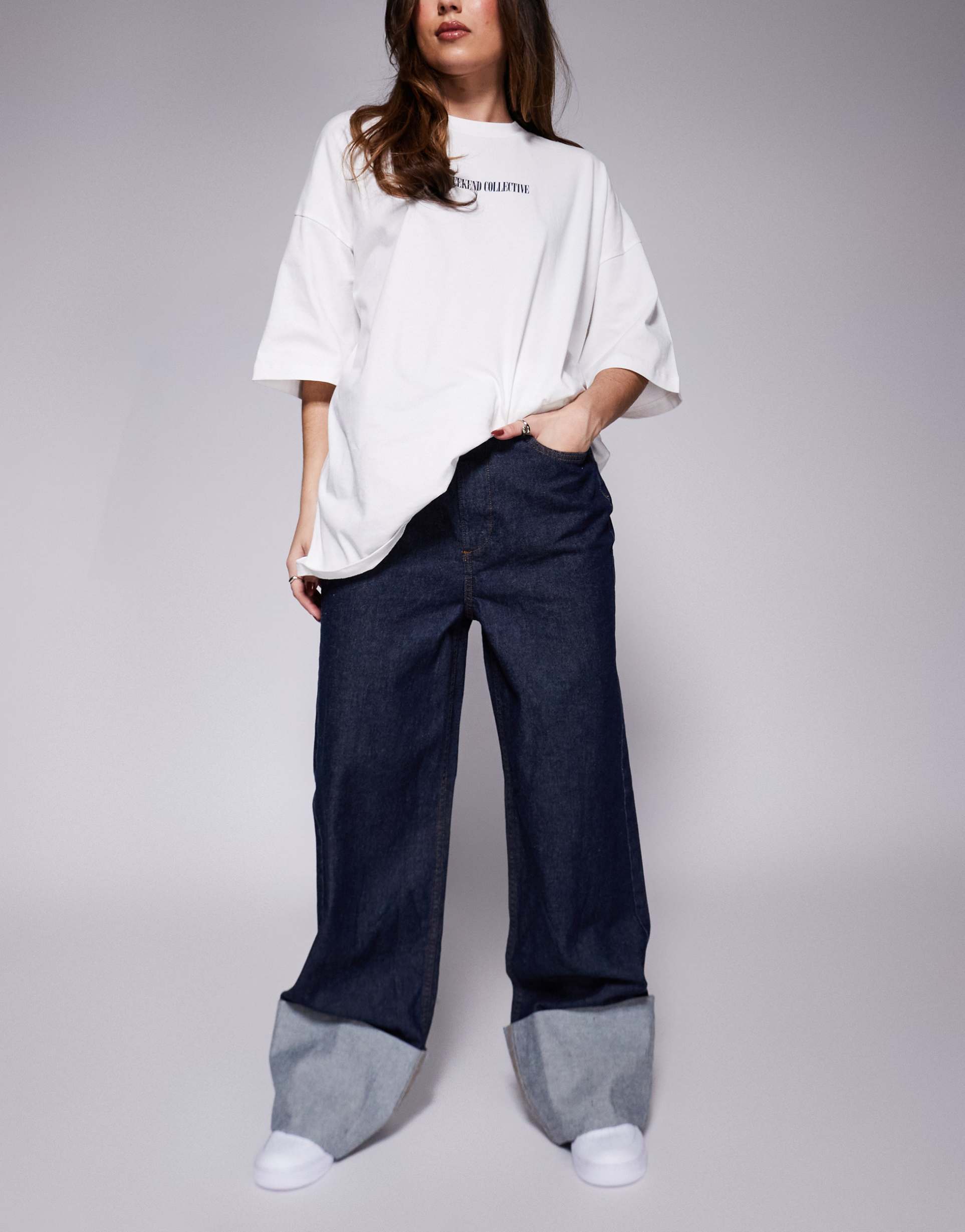 weekend collective mom jean with turn up detail in indigo wash