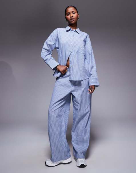 Weekend Collective co-ord wide leg woven stripe trouser in blue and white