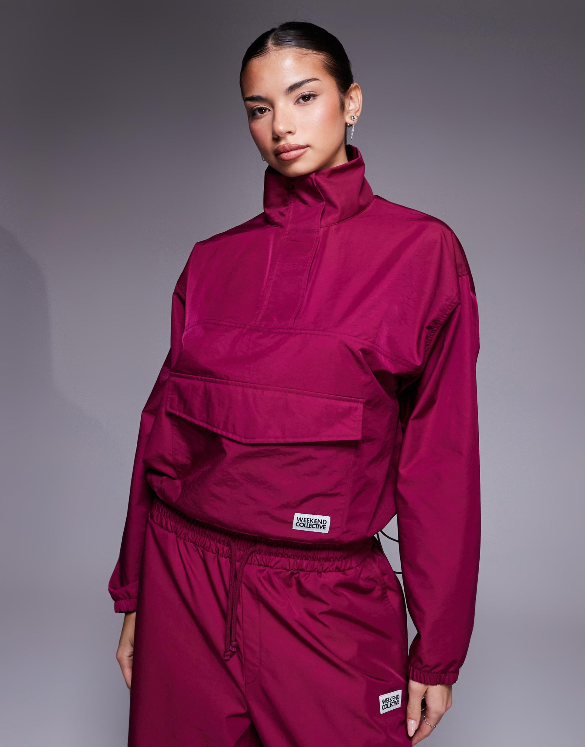 weekend collective nylon funnel neck windbreaker in burgundy - part of a set