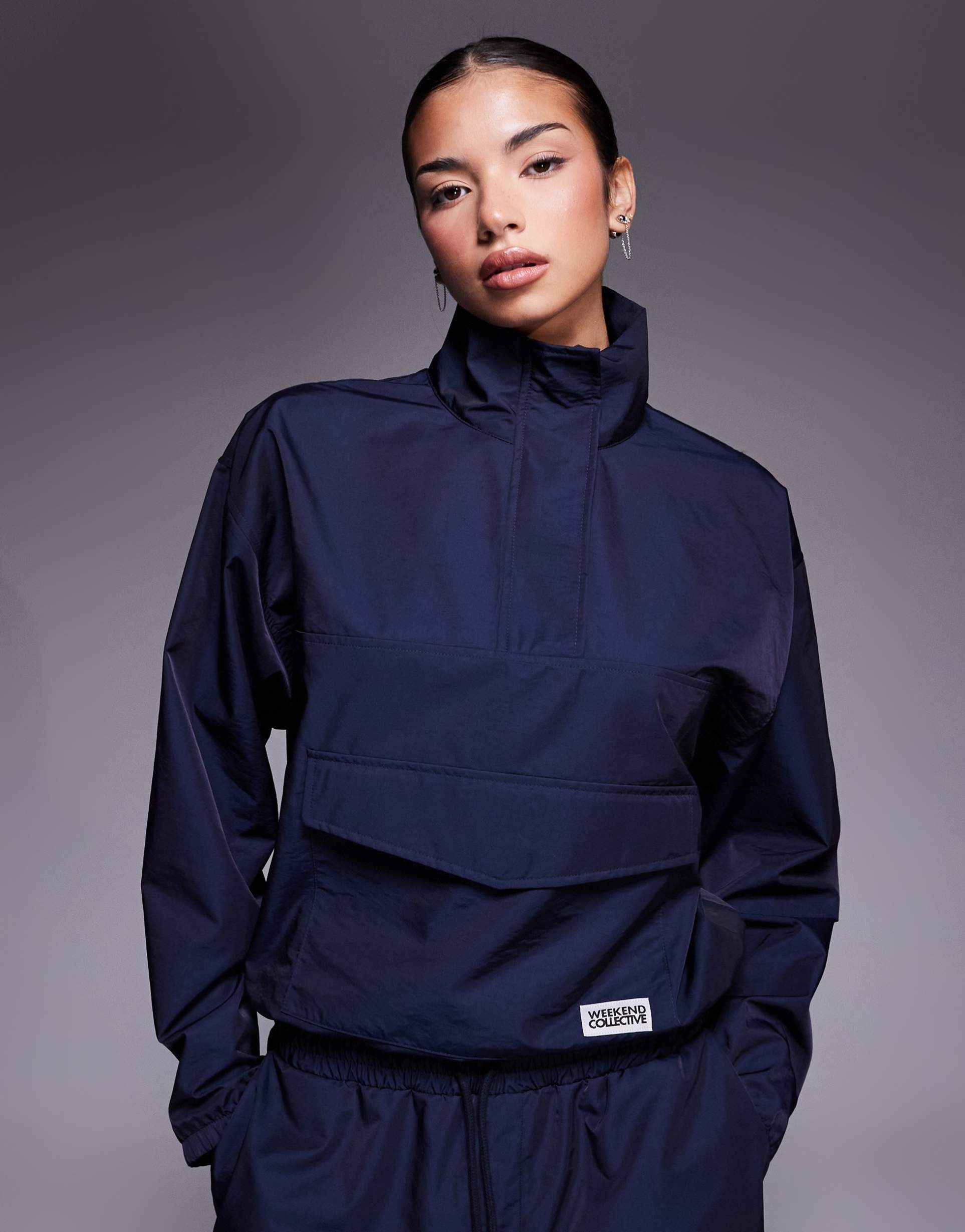 weekend collective nylon funnel neck windbreaker in navy - part of a set