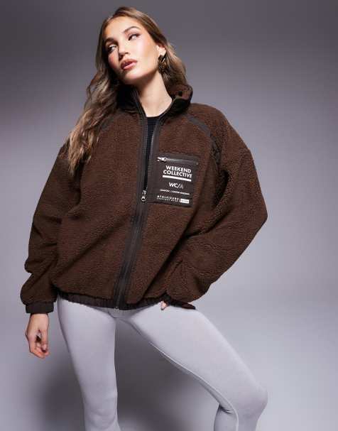 Weekend Collective nylon panel borg zip through in brown - view 1