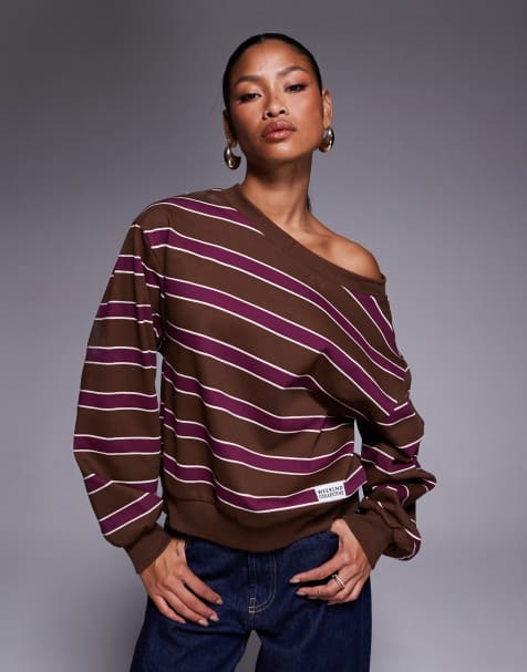 Weekend Collective off shoulder sweatshirt in chocolate and burgundy stripe