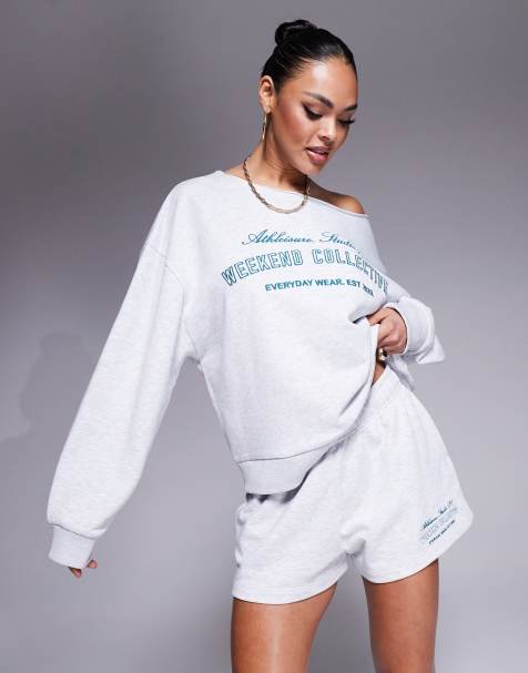 Weekend Collective off-shoulder sweatshirt with embroidered logo and shorts set in gray heather - view 1
