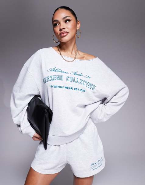 Weekend Collective off shoulder sweatshirt with embroidered logo in gray heather - part of a set - view 1