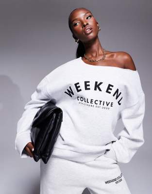 Weekend Collective off shoulder sweatshirt with logo embroidery in ice heather-Gray