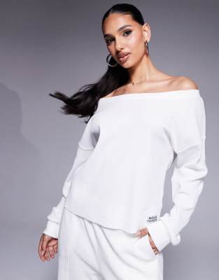 ASOS Weekend Collective Weekend Collective off shoulder waffle top co-ord in cream-White